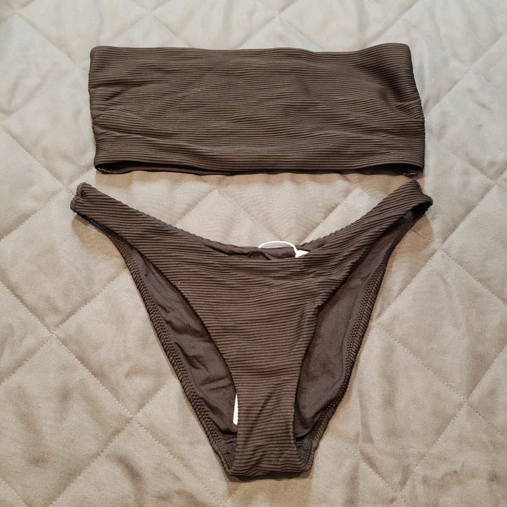 Seafolly Australia Essentials Black Ribbed Bandeau Bikini Set Size 10 US